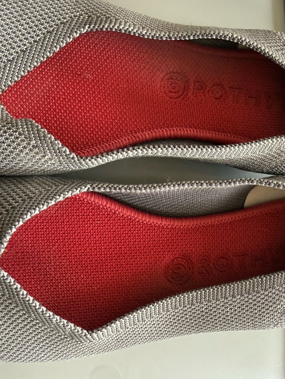 Rothy's Gray Knit Slip-On Flats with Red Insole and Blue Trim - Picture 3 of 5